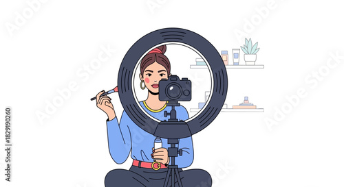 Young woman creating beauty content with ring light and camera for social media