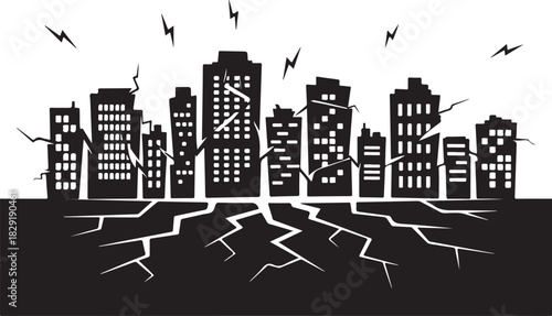 Destruction in city after disaster silhouette buildings earthquake and lightning strikes