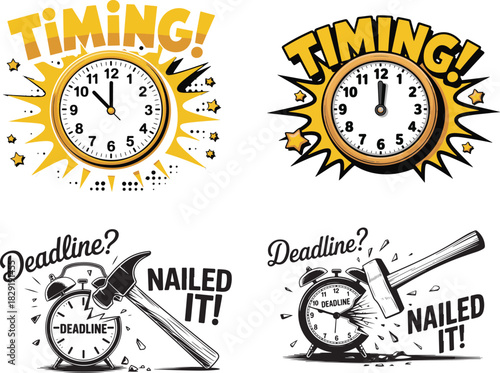 Cartoon timing clock deadline concept nailed it with hammer on transparent