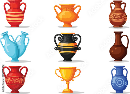Vase and urn illustration, pottery collection, artistic vessels, classical design, ceramic art, cultural artifacts, cartoon style, decorative jars, ancient pottery, symmetrical layout