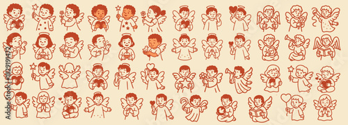 Cute doodle style set of little angels holding hearts, stars and flowers, line art vector icons in warm brown on beige background, horizontal christmas banner design