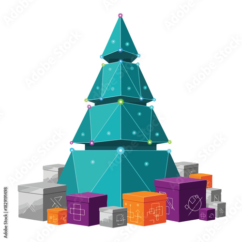 A teal Christmas tree with white lights and geometric patterned boxes in various colors. Perfect for holiday, decoration, and festive designs.