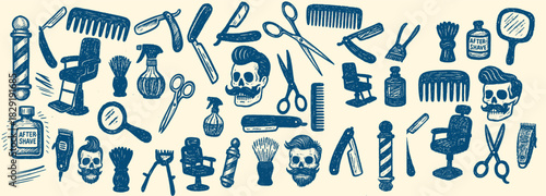 Vintage tattoo flash style seamless pattern with blue barber tools, skull heads and groomed beards arranged in horizontal banner layout on beige background