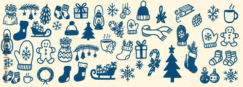 Hand drawn doodle style blue christmas icons border with mittens gifts stockings sleigh mugs pine branches snowflakes and gingerbread figures on beige background