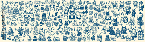 Hand drawn doodle style horizontal vector art of many winter cats with gifts, sweaters and christmas elements in monochrome blue line on cream background