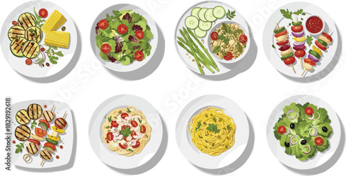 Vegetarian dish illustration set, grilled vegetables, pasta plates, fresh salads, healthy meals, colorful food art, nutrition concept