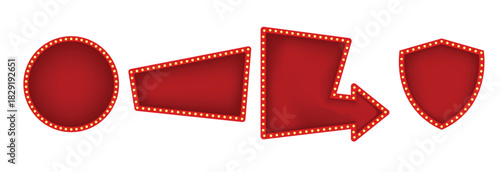 Set of retro red and gold illuminated marquee banners and frames with light bulbs for casino or theater signs