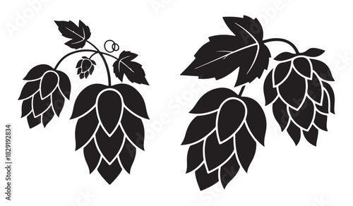  Two clusters of hop cones with leaves rendered in a bold black silhouette style