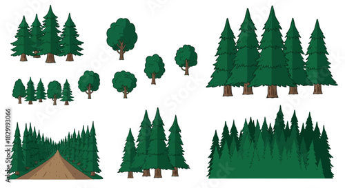 Set of Forest and Pine Trees in Various Cartoon Styles, Vector Illustration
