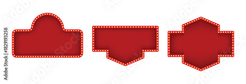 Set of retro red and gold illuminated marquee banners and frames with light bulbs for casino or theater signs