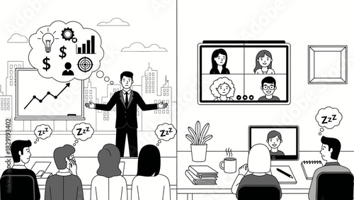 Doodle Illustration of Remote vs In-Person Business Meeting Boredom and Engagement
