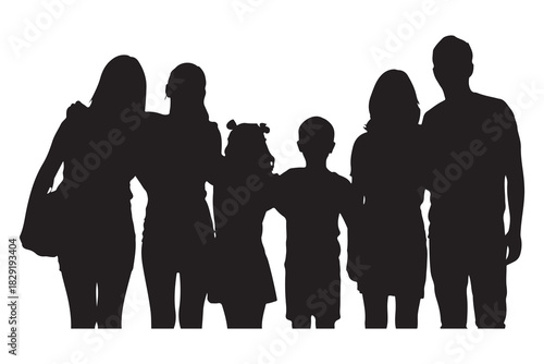  Diverse group of six people standing together in a silhouette against a white background