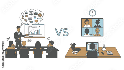 Remote meetings versus in person business conference vector illustration