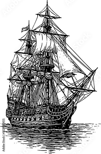 Illustration design sailing ship in the sea