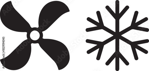 Black air conditioner cooler and ventilation fan icons on transparent backdrop