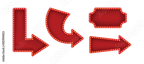Set of retro red and gold illuminated marquee banners and frames with light bulbs for casino or theater signs