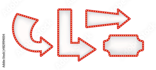 Set of retro white and red illuminated marquee arrows and signs with light bulbs for show business advertisement