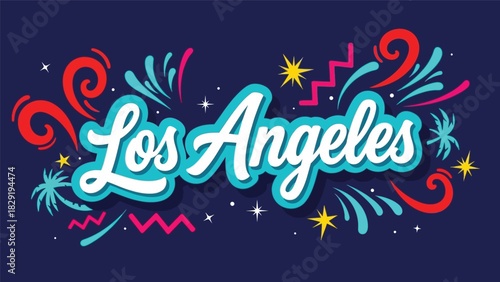 Los Angeles Hand-Lettering Typography with Colorful Party and Travel Elements