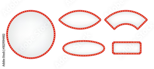 Set of retro white and red illuminated marquee arrows and signs with light bulbs for show business advertisement