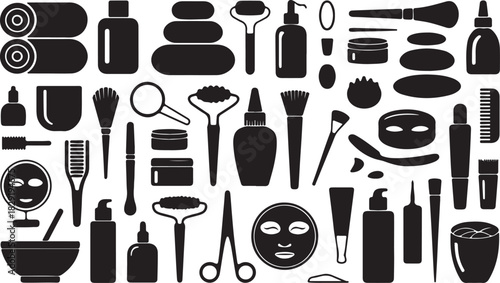 Spa Beauty Salon Treatment Relaxation Cosmetic Products Silhouette Set On Background