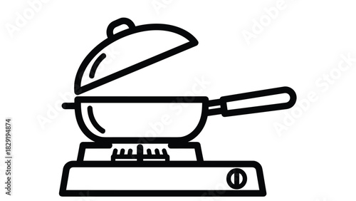 Simple black and white icon of a frying pan on a stove perfect for recipes cooking guides or food blogs needing clean modern visuals, Generative AI.