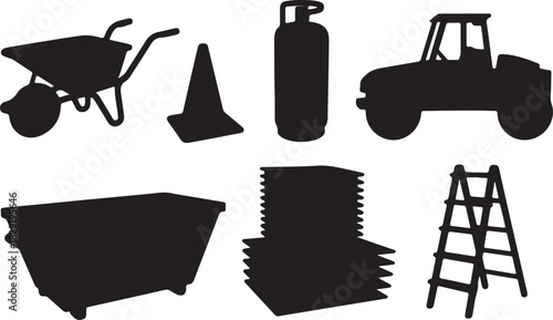 Construction site objects vector silhouette wheelbarrow cone gas cylinder ladder