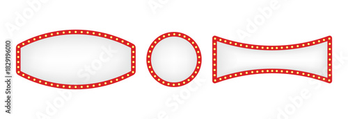 Set of retro white and red illuminated marquee arrows and signs with light bulbs for show business advertisement