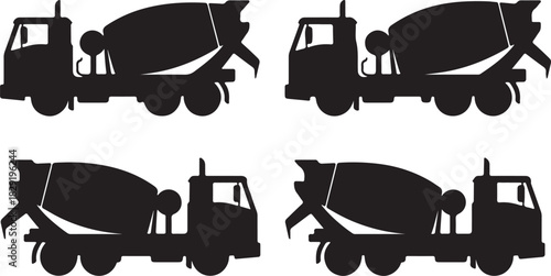 Set of black cement mixer truck silhouettes on a transparent backdrop