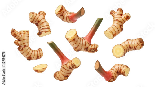 Isolated galangal roots composition with natural texture and earthy tones on a clean white backdrop showcasing its vibrant colors and unique form