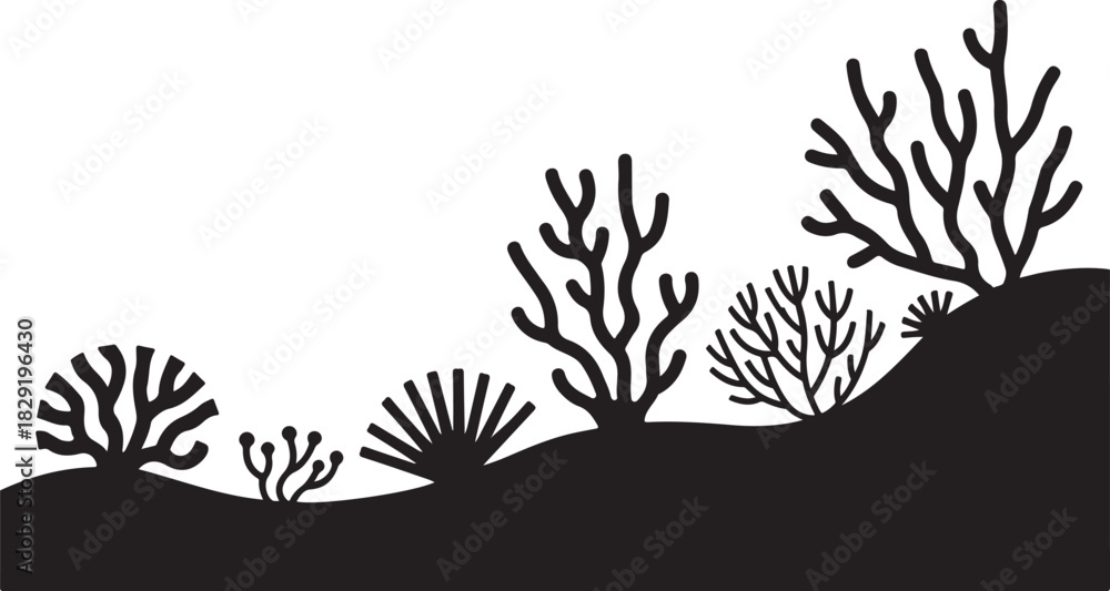 Fototapeta premium Black silhouette of corals sea ocean underwater plant vector nature reef life