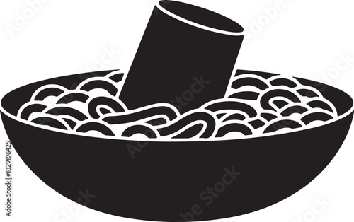 Black silhouette of bowl with noodles and wooden stick asian cuisine meal