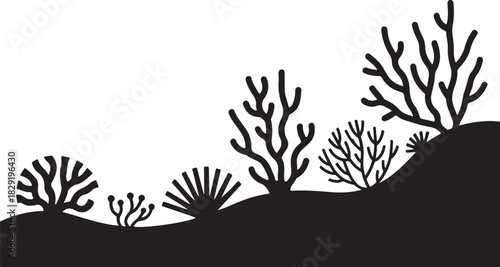 Black silhouette of corals sea ocean underwater plant vector nature reef life