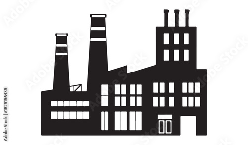  Black silhouette of a large industrial factory building with multiple chimneys against a white background