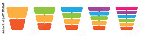 Set of colorful stacked funnel infographic templates for business process, stages, or data filtration visualization. 2, 3, 4, 5, and 6 steps.