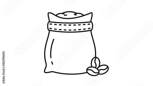 Fresh coffee beans spilling from burlap sack minimalist design for cafe or coffee shop promotions black and white outline simple and elegant style, Generative AI.