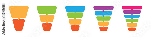 Set of colorful stacked funnel infographic templates for business process, stages, or data filtration visualization. 2, 3, 4, 5, and 6 steps.