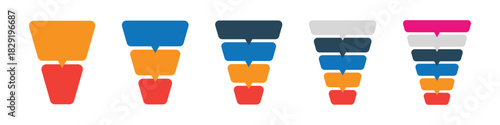 Set of colorful stacked funnel infographic templates for business process, stages, or data filtration visualization. 2, 3, 4, 5, and 6 steps.
