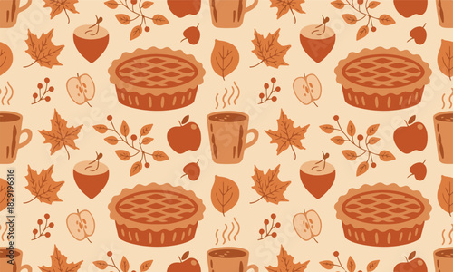 Autumn background with cup of tea apples pie and leaves seamless pattern