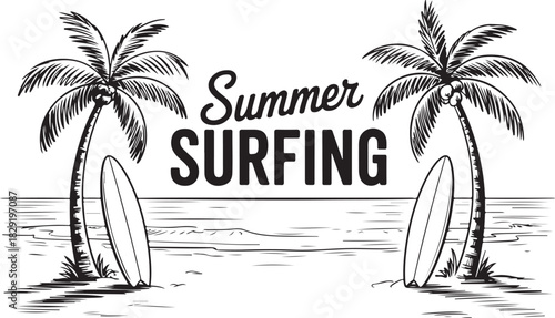 Summer surfing adventure with palm trees and surfboards on tropical beach scene