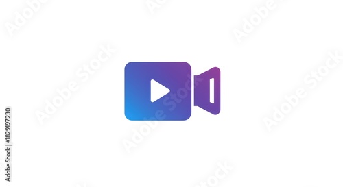 Video camera icon with play button in gradient colors on white background.