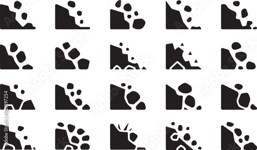 Set of rockfall landslide symbol of falling stones and land masses vector