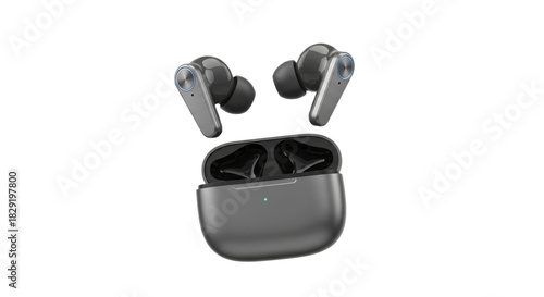 Sleek and modern wireless earbuds floating above their charging case on a minimalist background