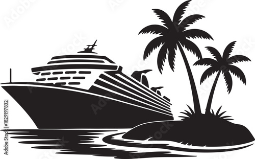 Silhouette cruise ship on island with palm trees tropical vacation destination
