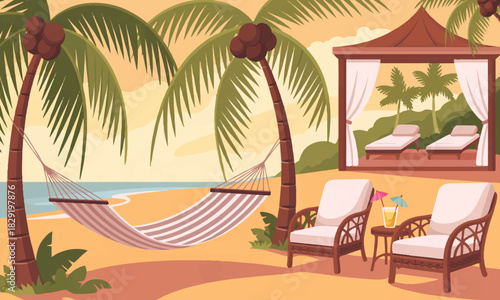 Cartoon beach resort summer vacation with hammock deck chairs sunset palms trees