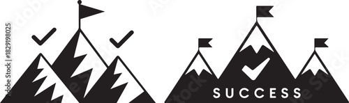 Mountains with flags and check marks in black color on transparent backdrop