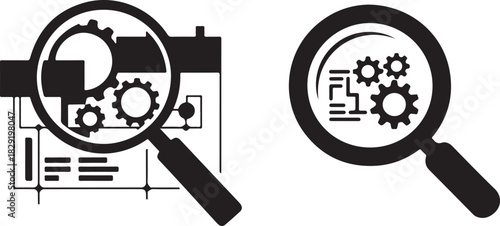 Magnifying glass gear configuration and optimization engineering settings icon symbol