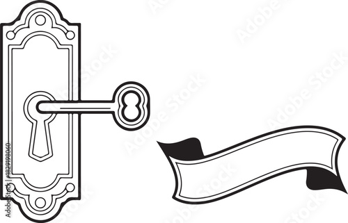 Door handle lock and ribbon banner design element illustration black and white art