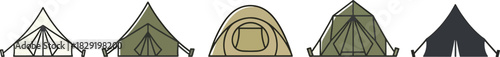 Collection of five distinct camping tent designs in various styles for outdoor adventure and shelter illustration Vector