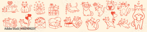 Whimsical row of red outline cats holds hearts, balloons, envelopes and gifts in a valentine theme on beige background, ideal for greeting cards, banners, and playful romantic decor, cheerful