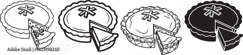 Outline and solid silhouette vector illustrations of a dessert pie with a missing slice, perfect for bakery visuals. Vector